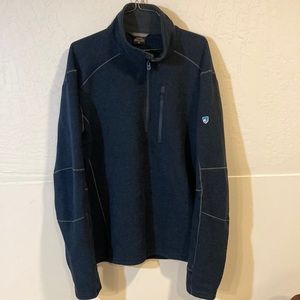 KUHL BORN IN THE MOUNTAINS DEEP BLUE AND GRAY LOGO 1/4 ZIP PULLOVER SWEATER XL